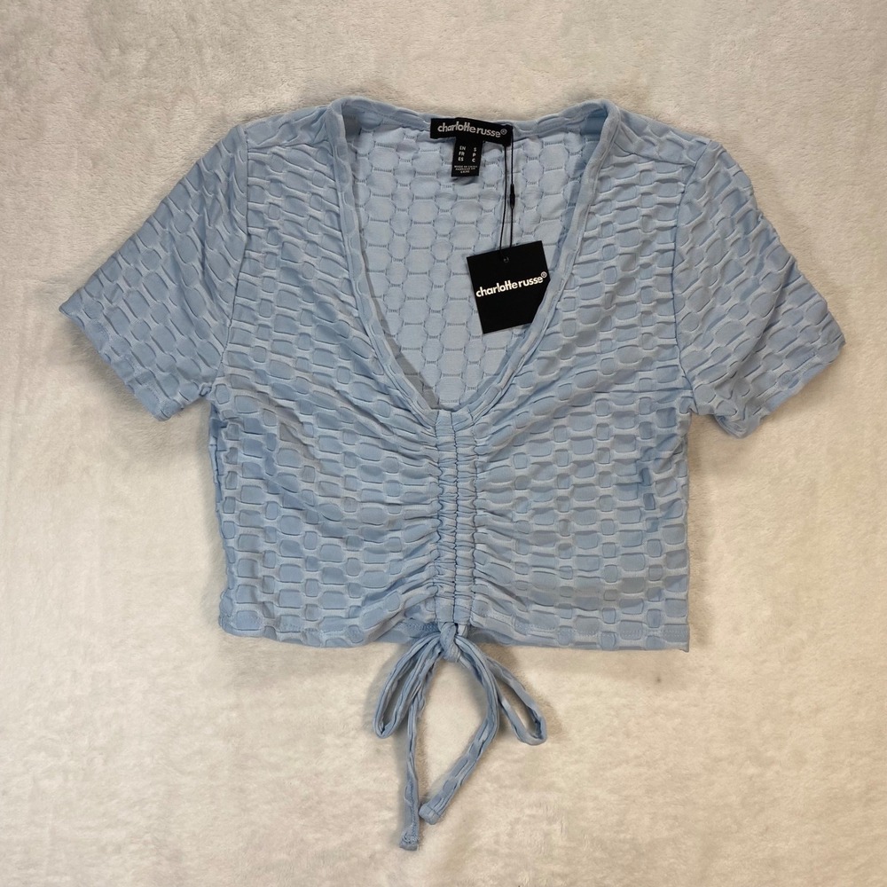 Charlotte Russe Ruched Front Crop Top Plunge Neck Textured‎ Blue Small y2k 2000s